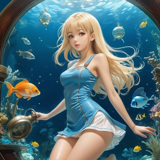 Prompt: Hiroshi Masumura, Jacqueline Lamba, Surrealism, wonder, strange, fantastical, fantasy, Sci-fi, Japanese anime, riding a diving bell and diving into an aquarium, a dream that calculates everything in the universe, beautiful blonde miniskirt girl Alice, perfect voluminous body, wet hair skin glistening, detailed masterpiece 