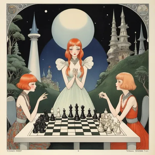 Prompt: Virginia Frances Sterrett, Elsa Beskow, Takako Hirai, Surreal, mysterious, strange, fantastical, fantasy, sci-fi, Japanese anime, an endless game of chess, an adventure in a fairyland invited by a miniskirt girl with a cat, perfect voluminous body, a spaceship, detailed Masterpiece hand coloured drawings 