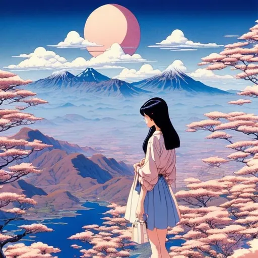 Prompt: Hasui Kawase, Scott M Fischer, Surreal, mysterious, bizarre, fantastical, fantasy, Sci-fi, Japanese anime, development of the earth, perspective view, perspective, movement of the vanishing point, beautiful girl in a miniskirt drawing, perfect voluminous body, multicolored watercolor woodblock print style, detailed masterpiece 
