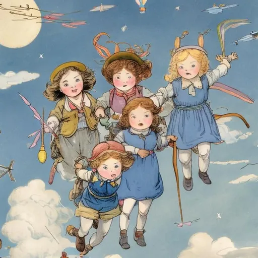 Prompt: Mabel Attwell, Kate Greenaway, Anne Anderson, Margaret Tarrant, Beatrix Potter Sci-Fi Fantasy Hand-cranked Spring Rocket Boys and Girls Play Rocket Flying Blue Sky Clouds Rainbow Moon Tokyo Tower detailed resolution definition high quality masterpiece 