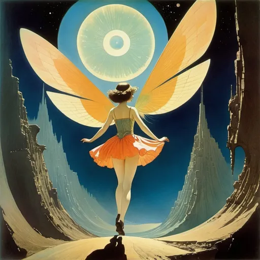Prompt: Harold McCauley, Sidney Herbert Sime colours, Surreal, mysterious, bizarre, fantastic, fantasy, Sci-fi, Japanese anime, another way to fly in the sky, a spaceship under construction, a miniskirt beautiful girl from microcosm, perfect voluminous body, detailed masterpiece 