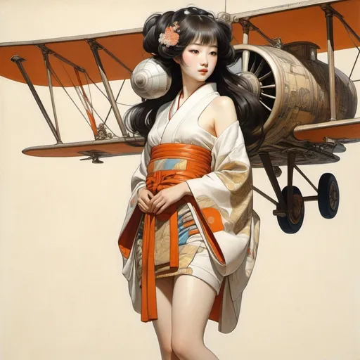 Prompt: Gustav Klimt, Hubert Robert, Surreal, mysterious, bizarre, fantastical, fantasy, Sci-fi, Japanese anime, mechanical drawings, Edo human-powered airplane, miniskirt kimono beautiful girl designer, perfect voluminous body, cross-sectional view, perspective view, blueprint, detailed masterpiece 