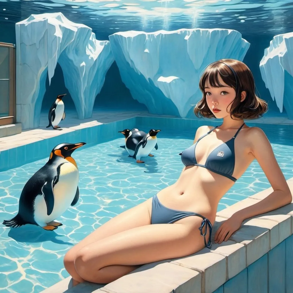 Prompt: Melchior Annen, Käthi Bhend, Mabel Attwell, Fred Bauer, Paul Kammüller, Surrealism, wonder, strange, bizarre, fantasy, Sci-fi, Japanese anime, lazy Sunday afternoon, iceberg in the pool in midsummer, penguin swimming, beautiful girl in a school swimsuit, perfect voluminous body, detailed masterpiece 