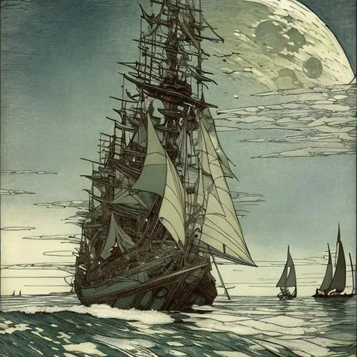 Prompt: Eugène Grasset, Richard Dadd, Arthur Rackham, Japanese Anime Sci-fi Fantasy Full Moon Seaside Space Flying Sailing Ship Little Fairies Dance, hyperdetailed high resolution high definition high quality master