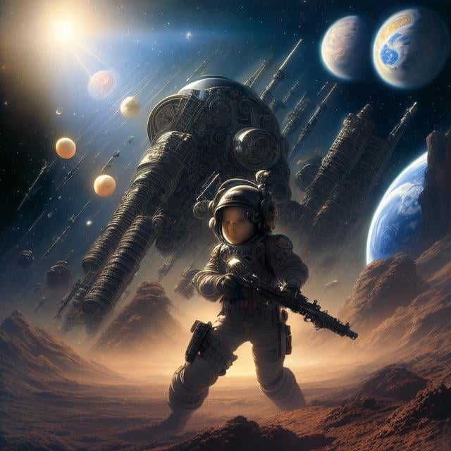 Prompt: Yoshitaka Amano, Jim Burns, Surreal, mysterious, strange, fantastical, fantasy, Sci-fi, Japanese anime, beautiful miniskirt space pirate, perfect body, short blonde, boyish, chased through the asteroid belt by the space police, hyper detailed masterpiece high resolution definition quality 