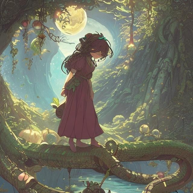 Prompt: Thomas Crane, Kate Greenaway , Anne Anderson Anime　surreal　wondrous　strange　Whimsical　Sci-Fi Fantasy　Beautiful girl in maid clothes　Samsama Serpent　Apple tree