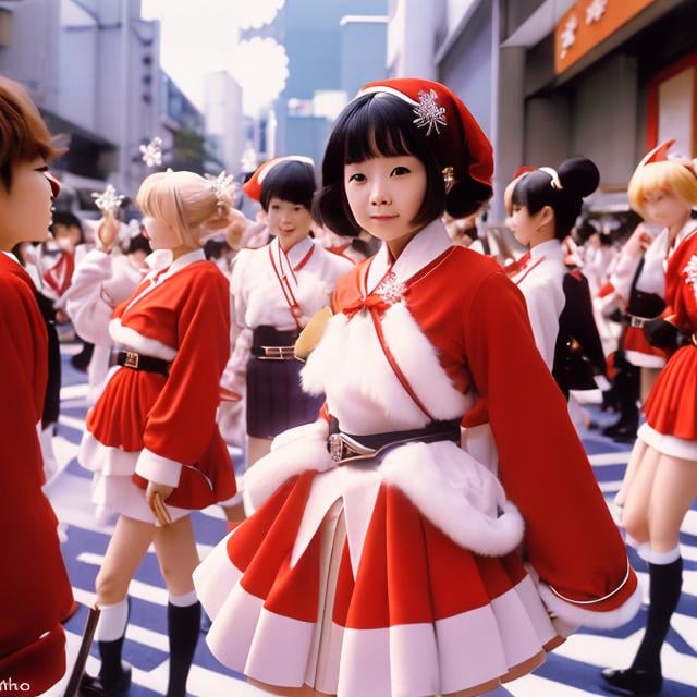 Prompt: Keiko Takemiya, Charles Robinson, Richard Dadd, Surreal, mysterious, bizarre, fantastical, fantasy, Sci-fi, Japanese anime, Tokyo Shinjuku, Christmas parade.The first is a beautiful high school girl in a red miniskirt Santa costume, perfect voluminous body, short hair, smiling, waving to the audience, followed by a herd of reindeer, and dwarfs working on toy construction Cute snowmen wide angle dynamic pose, hand drawing colour, detailed masterpiece 