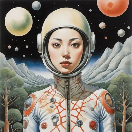 Prompt: Francesco Clemente, Yuu Watase, Dave Gibbons, Laura Zuccheri, Edward Wadsworth, Surrealism, mysterious, bizarre, fantastical, fantasy, Sci-fi, Japanese anime, music notation, road traffic, textiles, tree diagrams, hot springs and spaceships, beautiful girls in space suits, perfect voluminous body, detailed masterpiece 