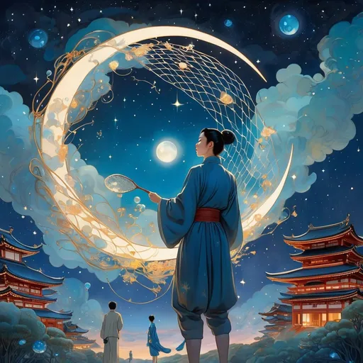 Prompt: James Jean, Takeo Takei, Surreal, mysterious, strange, fantastical, fantasy, sci-fi, Japanese anime, catching a comet with a bug net, crescent moon, crystal clear night sky, detailed masterpiece 