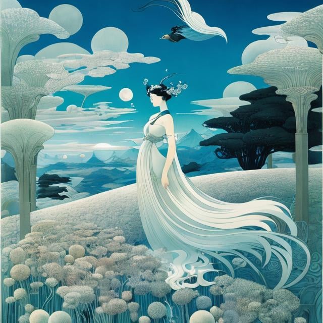 Prompt: Kay Nielsen, Kiyohiko Azuma, Surreal, mysterious, strange, fantastical, fantasy, Sci-fi, Japanese anime, flock of flying sheep, pasture in the sky, beautiful girl on a bicycle, perfect body, detailed masterpiece, low angles perspectives 