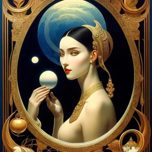 Prompt: Anton Lomaev, Erte, Surreal, mysterious, strange, fantastical, fantasy, Sci-fi, Japanese anime, looking at the mirror, looking at it is surprising, Crescent Moon Girl, concave mirror, allegorical, detailed masterpiece