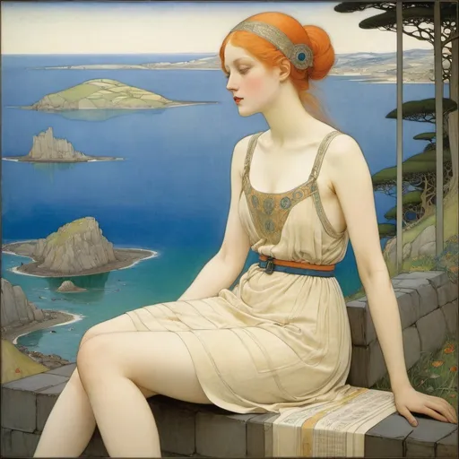 Prompt: Frederick Cayley Robinson, Harry Clarke, Sidney Meteyard, Surreal, mysterious, bizarre, fantastic, fantasy, Sci-fi, Japanese anime, books of geography and algebra, epic poems, paintings, musical scores, numbers, spreadsheets, art brut miniskirt beautiful girls, perfect voluminous body, detailed masterpiece 