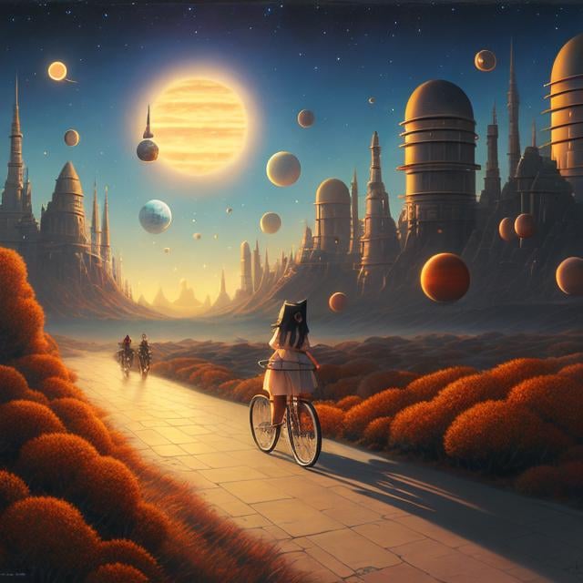 Prompt: Shaun Tan, Larry Elmore, Surreal, mysterious, strange, fantastical, fantasy, Sci-fi, Japanese anime, solar system, miniskirt beautiful high school girl's interplanetary bicycle trip, perfect body, detailed masterpiece 