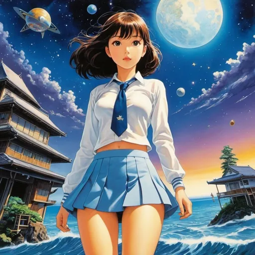 Prompt: Katharine Cameron, Charles Rosinson, Katsuhiro Otomo, Elizabeth Colborne, fumiko tanikawa, Surrealism, mysterious, strange, bizarre, fantasy, Sci-fi, Japanese anime, diving into the ocean of the galaxy and picking up stars, Beautiful high school girl in a miniskirt, perfect voluminous body, Inside the classroom, detailed masterpiece low high angles perspectives 