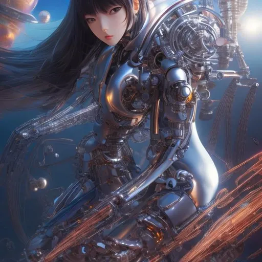 Prompt: Katsuhiro Otomo, Masamune Shirow, Frank Pape, Jean Giraud, Japanese anime,Mechanical girl, sweet beautiful face, perfect body style, part mechanical skin, mechanical joints. Tubes attached, thin skintight, voluminous body, front angled, emphasize curves and shapes of body, hyper detailed, high resolution definition quality masterpiece, depth of field, focus. Cinematic lighting, 