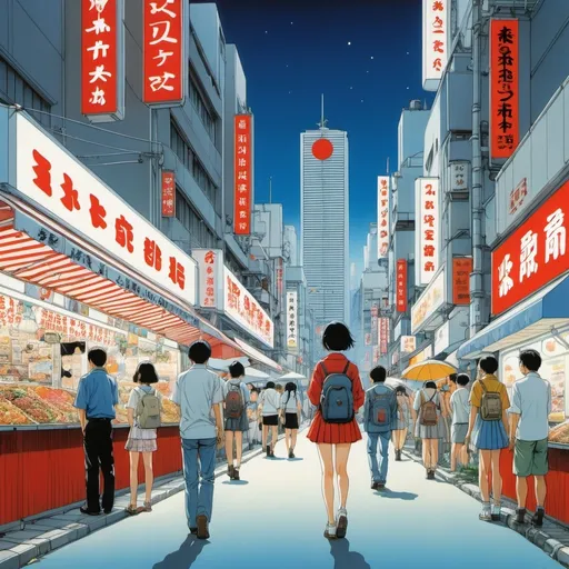 Prompt: Katsuhiro Otomo, Daisukerichard, Naoyuki Kato, tatsuyuki tanaka, Taiyo Matsumoto, Surrealism, wonder, strange, bizarre, fantasy, Sci-fi, Japanese anime, Tokyo Utopia, a lonely paradise for miniskirt beautiful high school girls, perfect voluminous body, food stalls, high tech street future, detailed masterpiece 