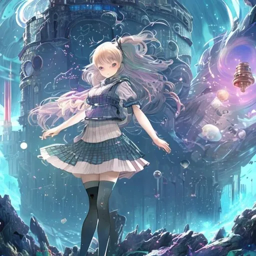 Prompt: Barbara Cooney, Kate Greenaway, Anne Anderson, Japanese anime Sci-Fi Fantasy　Miniskirt schoolgirl　A castle between time and space　Large Clock　Waterfall cascading into the void　cosmic space　ocean moon rainbow detailed definition resolution high quality masterpiece