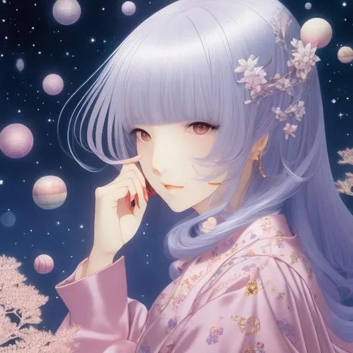 Prompt: Katsura Hoshino, George Barbier, Gentarō Komaki, Surreal, mysterious, bizarre, fantastical, fantasy, Sci-fi, Japanese anime, a still point in a rotating world, a beautiful girl in sleepwalking pajamas, perfect voluminous body, a journey with a telescope, detailed masterpiece depth of field cinematic lighting 