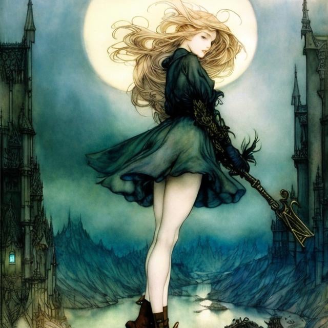 Prompt: Arthur Rackham, Michael Hague, Surreal, mysterious, strange, fantastical, fantasy, Sci-fi, Japanese anime, orchestral space, musical key, flying blonde miniskirt beautiful girl Alice, perfect body, detailed masterpiece 