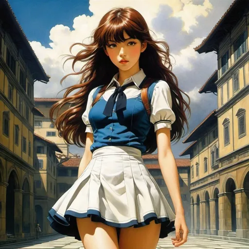 Prompt: Florence Susan Harrison, Naoyuki Kato, Surreal, mysterious, bizarre, fantastical, fantasy, Sci-fi, Japanese anime, sphere and labyrinth: from Piranesi to avant-garde, New Babylon, figurative apocalypse, miniskirt beautiful high school girl, perfect voluminous body, detailed masterpiece 