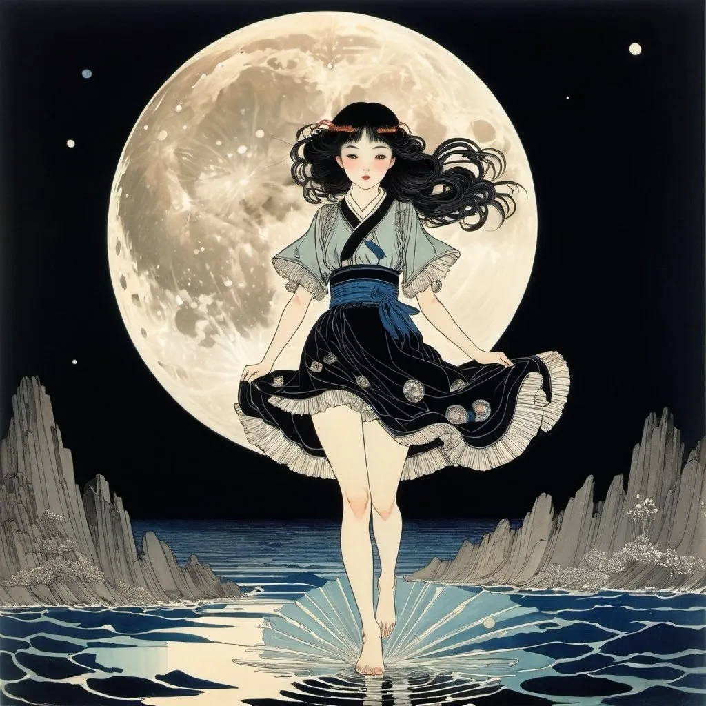 Prompt: Walter Crane, Harry Clarke, Hashimoto Kansetsu, Matsuri Hino, Kazue Kato, Surrealism, mysterious, strange, bizarre, fantasy, sci-fi, Japanese anime, a full moon blazing high in the sky, a black ocean in the darkness, a beautiful high school girl in a miniskirt running across the surface of the water, perfect voluminous body, detailed masterpiece 