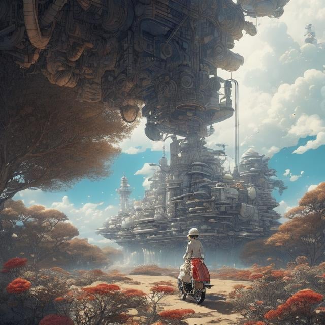 Prompt: Katsuhiro Otomo, Charles Robinson, Surreal, mysterious, strange, fantastical, fantasy, Sci-fi, Japanese anime, Doomsday picnic, beautiful motorcycle girl, planet in a bottle, detailed masterpiece, depth of field cinematic lighting