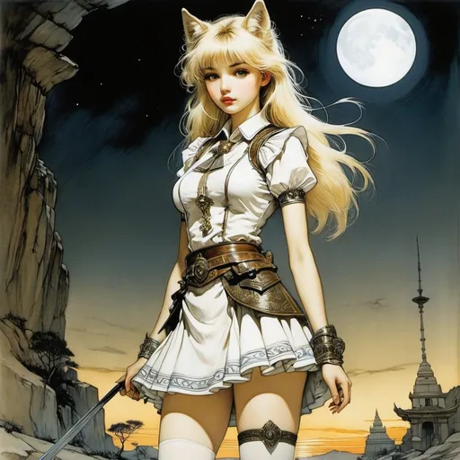 Prompt: Virginio Livraghi, Ul de Rico, Arthur Rackham, Surreal, mysterious, strange, fantastical, fantasy, Sci-fi, Japanese anime, Alice is a wolf, a beautiful blonde miniskirt girl standing in the twilight, perfect voluminous body, Ancient Egypt, China, magnetism and magnets, heavenly and underground worlds, light and shadow, codes, detailed masterpiece 