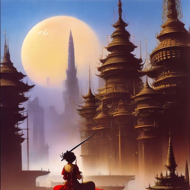 Prompt: Frank Frazetta, Margaret Tarrant, Heath Robinson, Japanese anime, Surreal, mysterious, strange, fantastical, fantasy, Sci-fi, mechanical girl swordsman, lawless city, Red Queen's Tower, slum, shadow of a giant planet, insect charmer, detailed masterpiece 