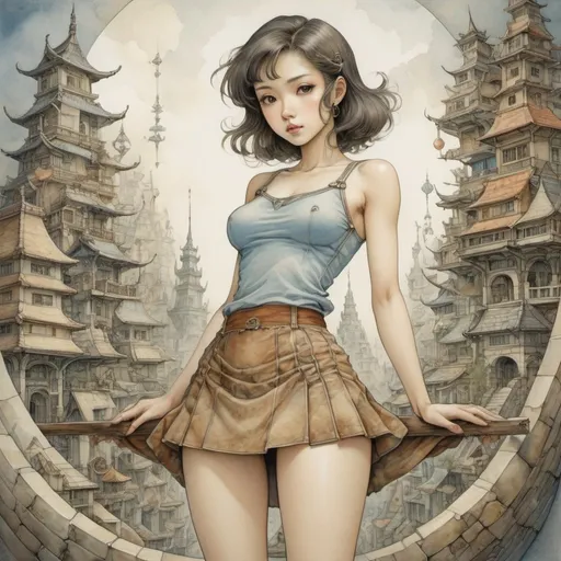 Prompt: Anton Pieck, Keiko Takemiya, Surreal, mysterious, strange, fantastical, fantasy, Sci-fi, Japanese anime, triangle theorems of a curved world, non-Euclidean geometry, beautiful girl in a miniskirt with a geometric body, perfect voluminous body, detailed masterpiece 
