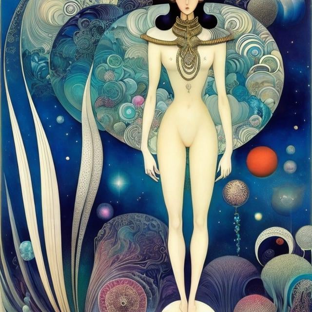 Prompt: Kay Nielsen, George Petty, Mysterious, strange, surreal, bizarre, fantasy, Sci-fi, Japanese anime, putting the galaxy in a box, time and the speed of light, beautiful girl diary, perfect voluminous body, detailed masterpiece 