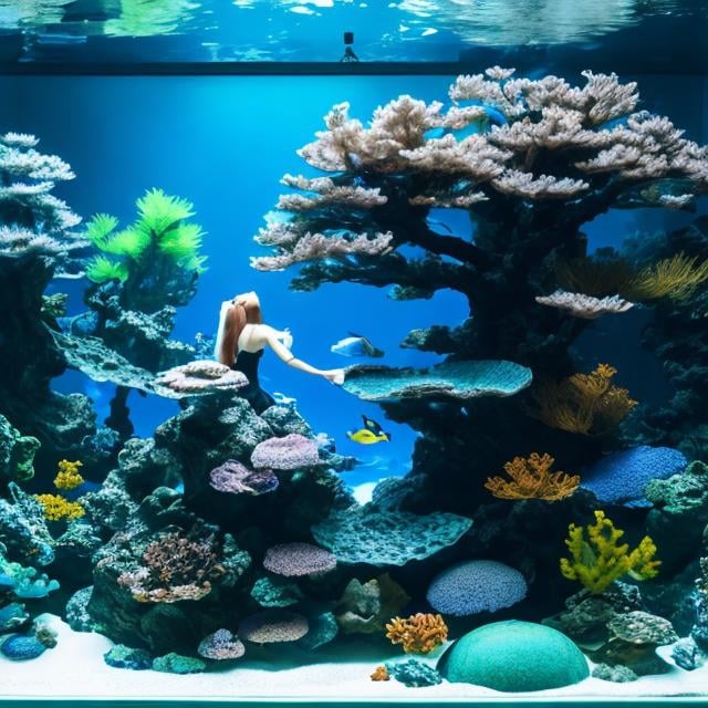 Prompt: Anton Lomayev, Kiichi Okamoto, Surreal, mysterious, strange, fantastical, fantasy, Sci-fi, Japanese anime, paper aquarium, beautiful aquatic girl, perfect voluminous body, solo girl zoom in, inside and outside the tank, detailed masterpiece 