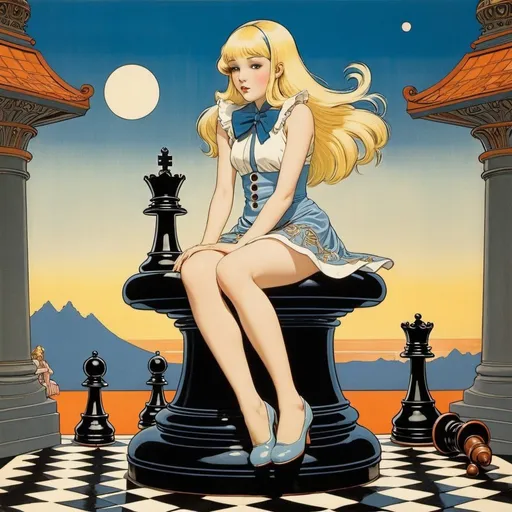 Prompt: George Barbier, Walter Velez, Surreal, mysterious, strange, fantastical, fantasy, sci-fi, Japanese anime, beautiful blonde miniskirt girl Alice sitting on a giant chess piece, song of the rising sun, detailed masterpiece 