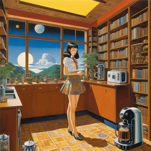 Prompt: Mati Klarwein, Satomi Ichikawa, Cosei Kawa, Moto Hagio, Victor Brauner, Surrealism Mysterious Weird Fantastic Fantasy Sci-Fi, Japanese Anime, Beautiful high school girl in a miniskirt sinking into the coffee maker, perfect voluminous body, Dawn of the window, Library floor plan, detailed masterpiece 