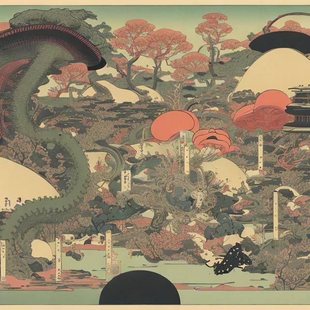 Prompt: surreal　wondrous　strange　Whimsical　absurderes　fanciful　Sci-Fi Fantasy　Organisms and machines　From hard ukiyo-e style machines to soft machines　harmonization of the functions and forms of living organisms;