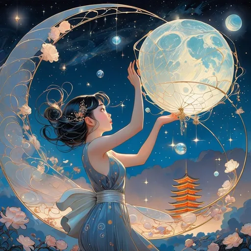 Prompt: James Jean, Takeo Takei, Surreal, mysterious, strange, fantastical, fantasy, sci-fi, Japanese anime, catching a comet with a bug net, crescent moon, crystal clear night sky, detailed masterpiece 