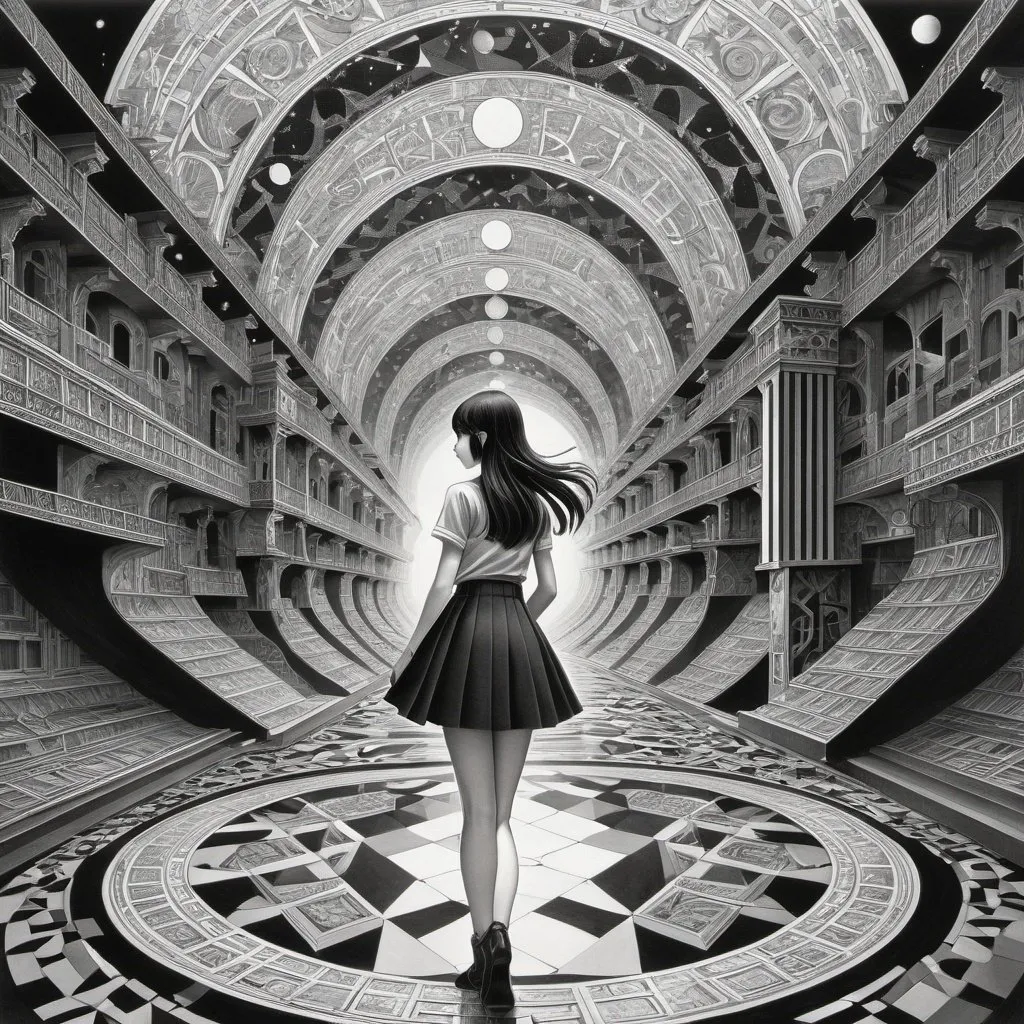 Prompt: M c Escher, Naoyuki Kato, Surreal, mysterious, bizarre, fantastical, fantasy, Sci-fi, Japanese anime, death of God, metaphysical painting, a plaza shrouded in silence, an endless road, a meaningless world, the lingering shadow of a beautiful girl in a miniskirt, perfect voluminous body, a machine called geometry, detailed masterpiece 