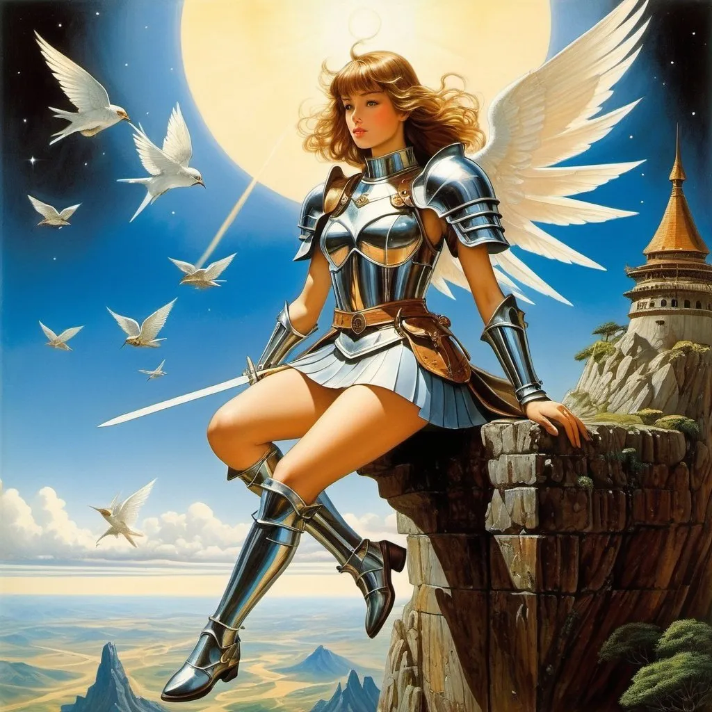 Prompt: Richard Doyle, Kelly Freas, Surreal, mysterious, strange, fantastical, fantasy, Sci-fi, Japanese anime, miniskirt beautiful knight who protects the throne in the sky, boyish, perfect voluminous body, detailed masterpiece bird’s eye views