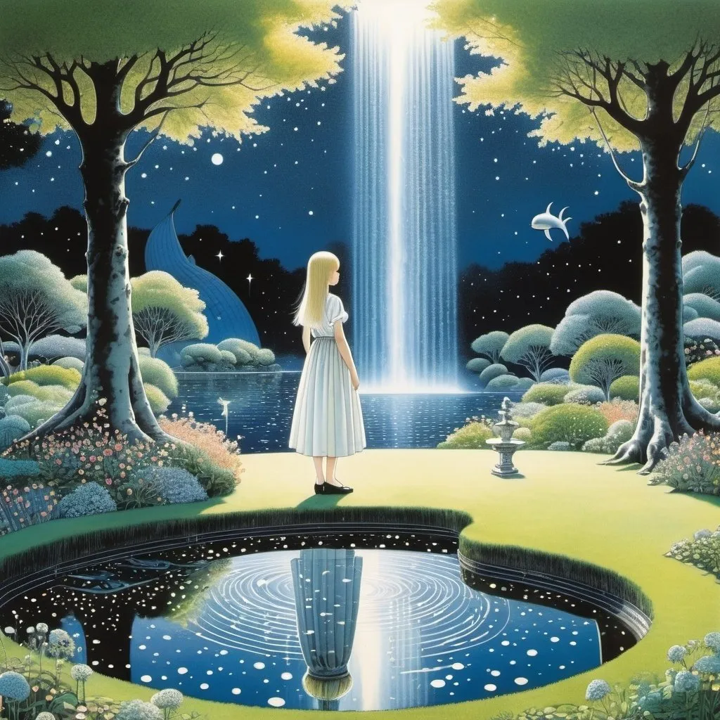 Prompt: Kay Nielsen, katsuhiro Otomo, Audrey Spiry, Takeo Takei, Gazmend Leka, Surrealism, wonder, strange, bizarre, fantasy, Sci-fi fantasy, anime, picture book garden, miniskirt beautiful girl princess tree, whale pond, fountain where stars are born