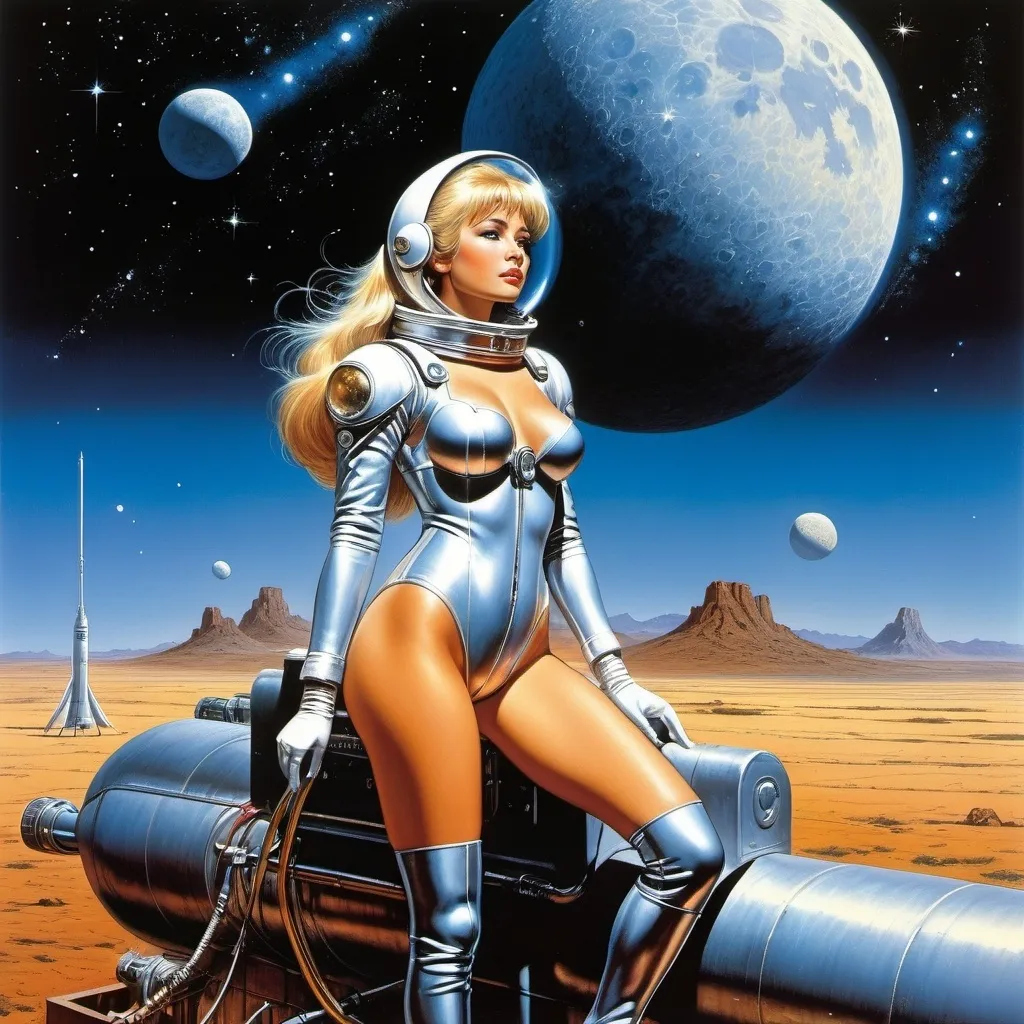 Prompt: Jean Giraud, Jim Burns, Virgil Finley, Hannes Bok, Larry Elmore, Surrealism Mysterious Weird Fantastic Fantasy Sci-fi, Japanese Anime, Stars, moon, comets, and sun of the Milky Way flowing out of a huge faucet, Beautiful girl in a space suit standing on the faucet and inspecting the Milky Way, perfect voluminous body, One-seater rocket, detailed masterpiece 