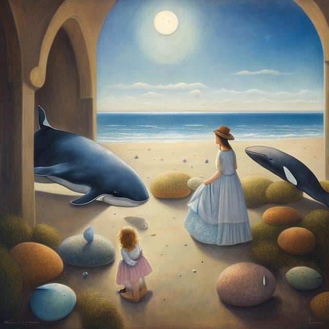 Prompt: Leonora Carrington,  Mabel Lucie Attwell, Margaret Tarrant, moon sleeping in basement, a girl wondering looking for her fate, whale beach, orb, detailed, high quality, high resolution, high definition, masterpiece 