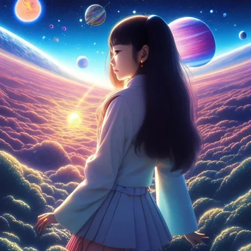 Prompt: Naoyuki Kato, Angus McKie, Surreal, mysterious, strange, fantastical, fantasy, Sci-fi, Japanese anime. The heavenly world and the earthly world operate according to the same laws. Time and space are not the same for everyone. Entering a microscopic world. Gravity created by space and time. Beautiful girl in a miniskirt High school student runs through time, perfect voluminous body, detailed masterpiece 