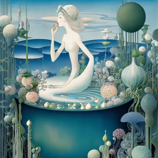 Prompt: Kay Nielsen, Theyre Lee-Elliott, Surreal, mysterious, strange, fantastical, fantasy, sci-fi, Japanese anime, A beautiful plant girl with a miniskirt growing from a flowerpot in a glass greenhouse, perfect voluminous body, Happy listening to the music of a gramophone, detailed masterpiece 