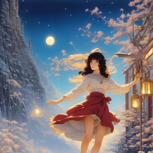 Prompt: Mitsumasa Anno, Franklin Booth, Margaret Tarrant, Surreal, mysterious, strange, fantastical, fantasy, Sci-fi, Japanese anime, Traveler of the Holy Night, Return to the world on paper, Guide cat's fare, Beautiful girl in a miniskirt running on an overhead wire, perfect voluminous body, detailed masterpiece 
