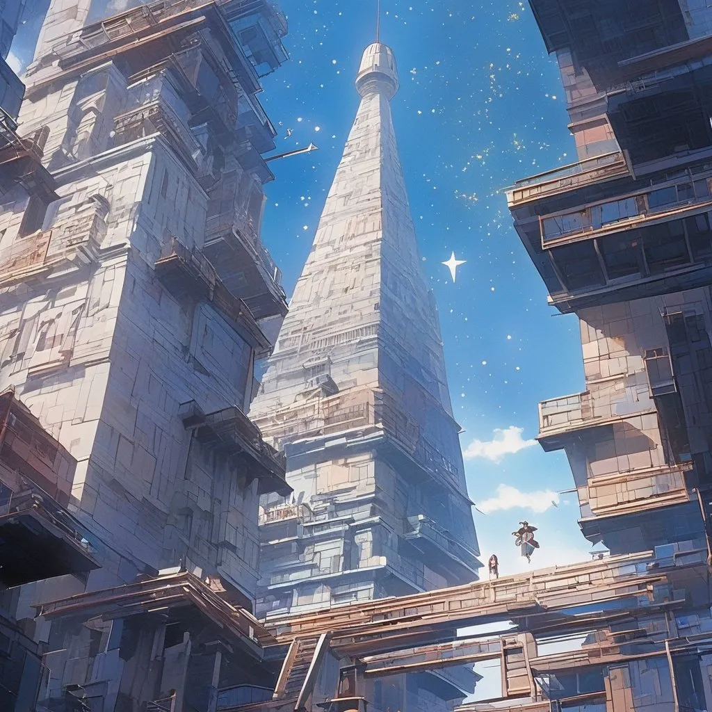 Prompt: Hans Tisdall, Koyoharu Gotouge, Surreal, Mysterious Weird Fantastic Fantasy Sci-Fi, Japanese Anime, Building Block Tower, Empty Mannequin, Shooting Star, detailed masterpiece bird’s eye view angles 