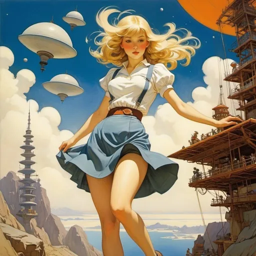 Prompt: Heath Robinson, Luciano Lozano, Nicholas Roerich, Coby Whitmore, Andrew Loomis, Surrealism, strange, bizarre, fantastical, fantasy, Sci-fi, Japanese anime, science and literature depict the universe, design and construction of turbulence and vortex accumulation, beautiful blonde miniskirt girl Alice, perfect voluminous body, detailed masterpiece 