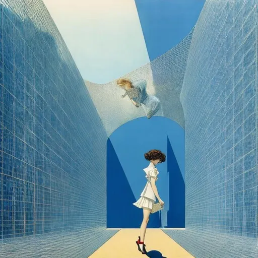 Prompt: Winsor McCay, Henri Meunier, Surreal, mysterious, strange, fantastical, fantasy, sci-fi, Japanese anime, a transparent wall that divides the world, a beautiful girl in a miniskirt walking vertically on the wall, perfect voluminous body, a geometric net, detailed masterpiece perspectives angles