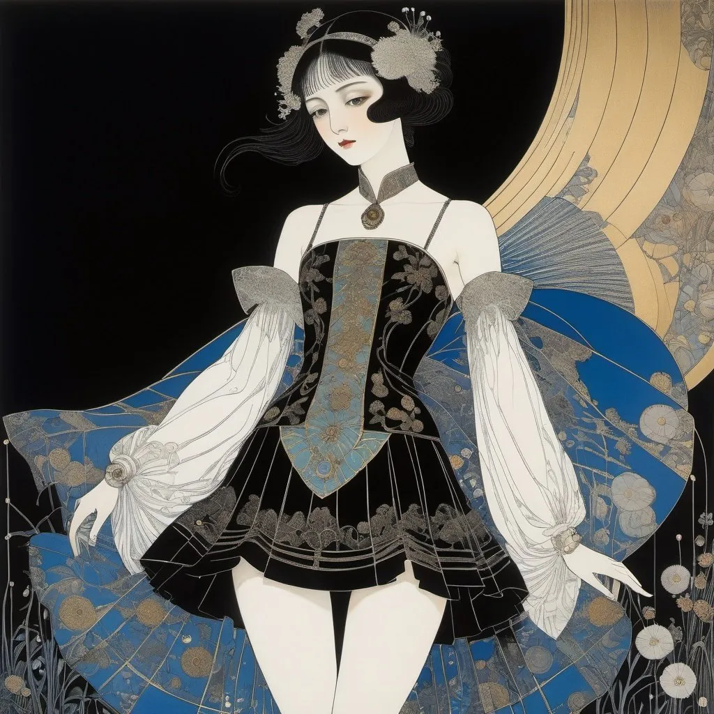 Prompt: Harry Clarke, Edward Wadsworth, Surreal, mysterious, strange, fantastic, fantasy, Sci-fi, Japanese anime, dark science, asking the world of the body, history, art, literature, mythology, miniskirt beautiful girl, perfect voluminous body, detailed masterpiece 