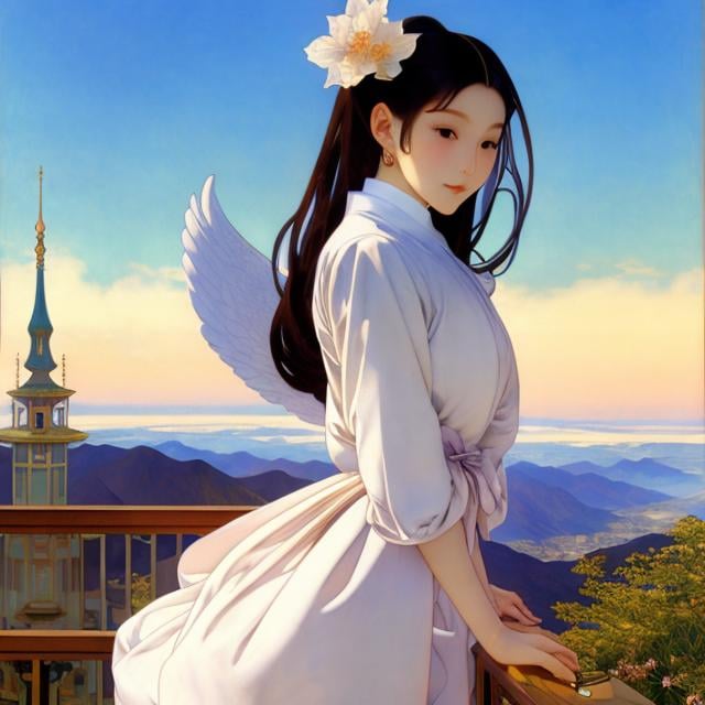 Prompt: Kore Yamazaki, Leonora Carrington, Alphonse Mucha, Surreal, mysterious, strange, fantastical, fantasy, Sci-fi fantasy, anime, artificial heaven, miniskirt beautiful high school girl angel studying for entrance exams, perfect voluminous body, overlooking the horizon, having fun today too, detailed masterpiece 