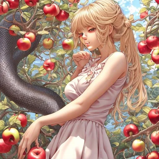 Prompt: Sydney Sime, Japanese anime, Katsuhiro Otomo, manga lines, Eve, solo girl, blonde hair innocent beautiful face, perfect body tight dress, under apple Tree, holding an apple, huge snake, hyperdetailed, realistic, high resolution, high quality, high definition, masterpiece 