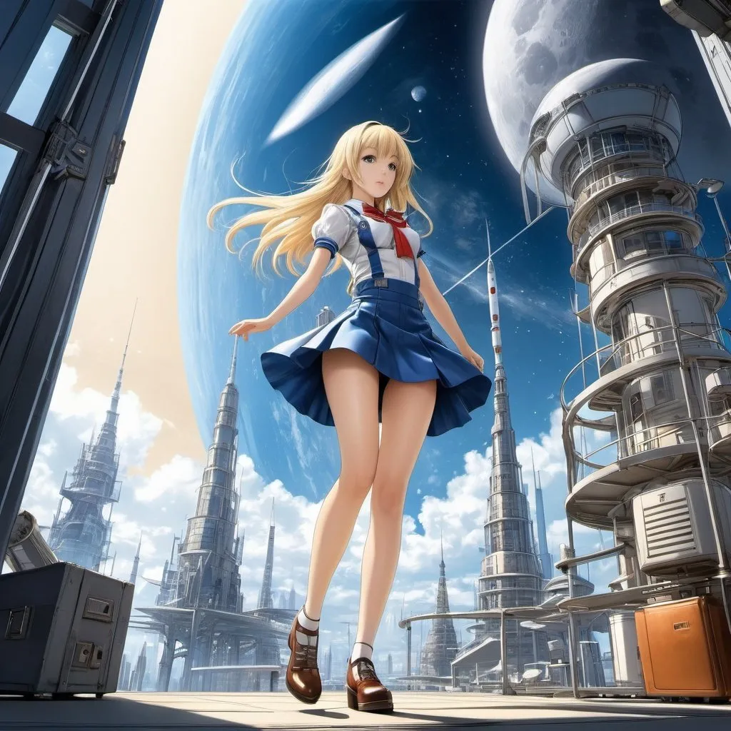 Prompt: Hans Waldemar Wesso, Saki Hiwatari, Surreal, mysterious, strange, fantastical, fantasy, Sci-fi, Japanese anime, future city in a closet, blueprint, blueprint, rocket heading to the moon, beautiful blonde miniskirt girl Alice, perfect voluminous body, perspective, angles, detailed masterpiece 